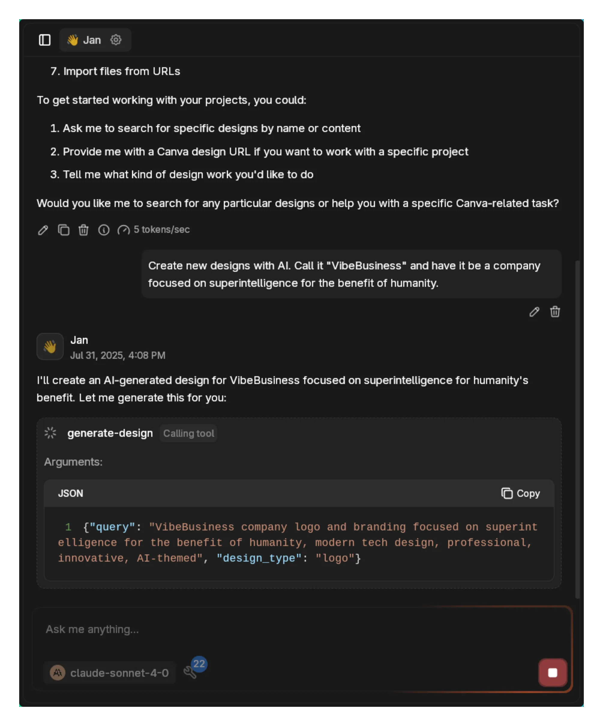 AI generating design with tool call visible
