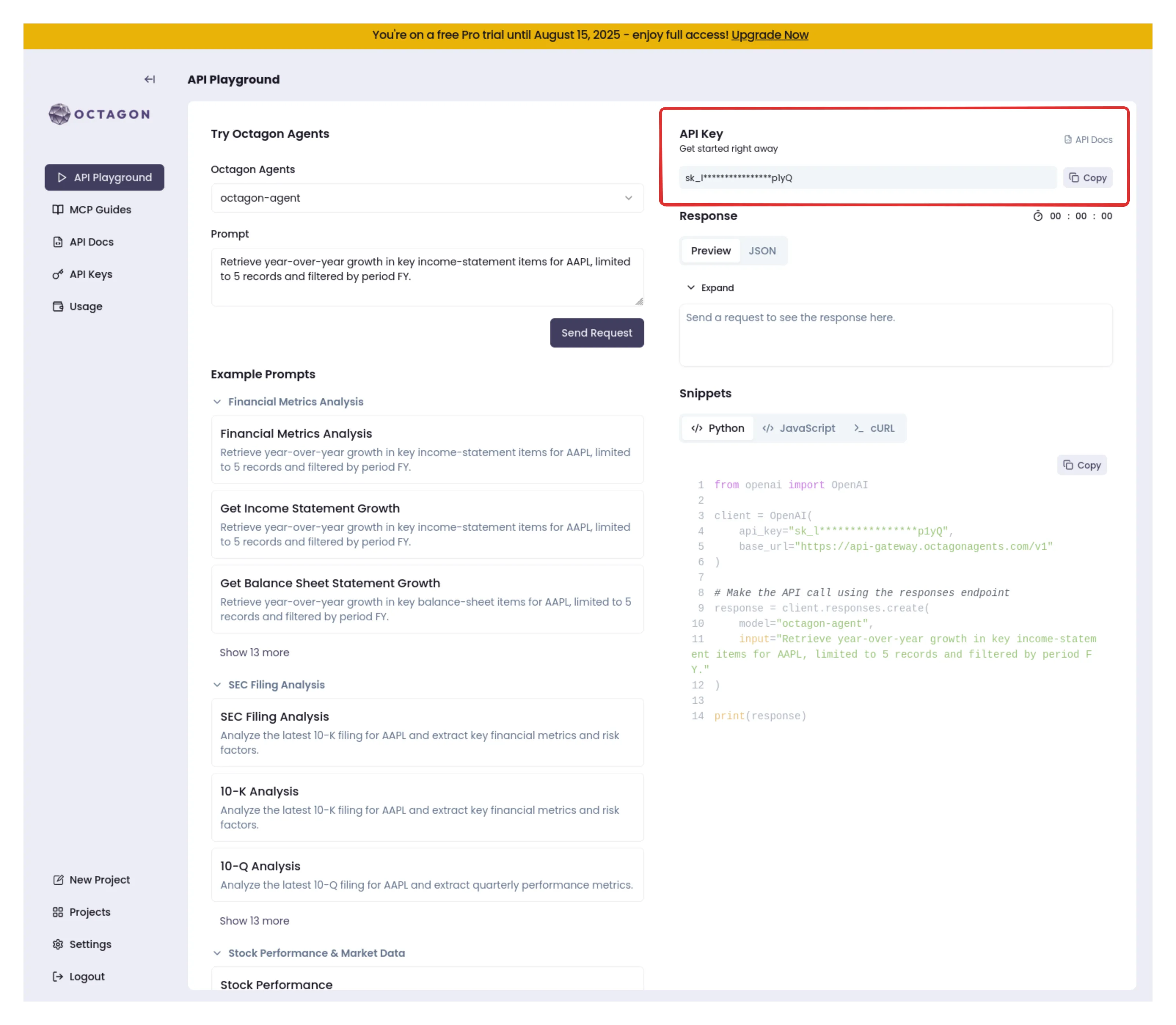 Octagon API playground showing API key location